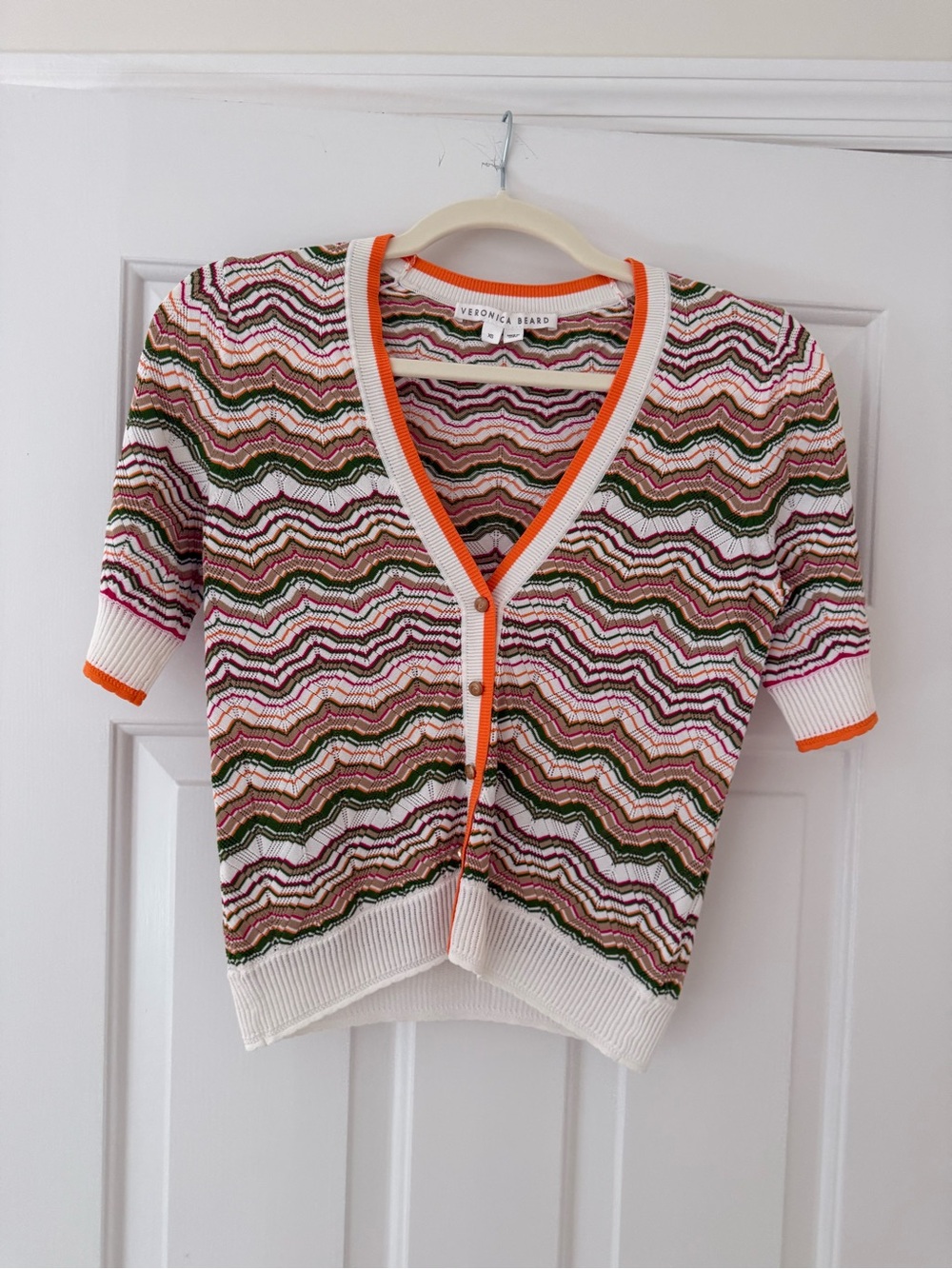 Veronica Beard Wave-Knit Short Sleeve Cardigan in Pink, Green & Orange Trim